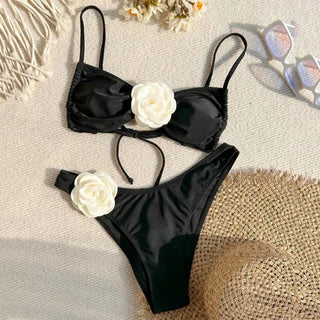 Sexy Flower Rose Bandeau Swimwear Bikini Set Swimsuits