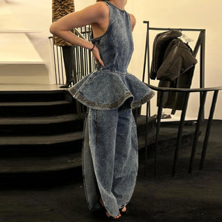 Y2K Inspired Denim Peplum Top and Wide Leg Jeans Set