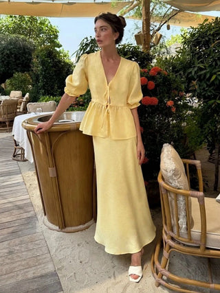 Chic Pastel Puff Sleeve Peplum Two-Piece Set