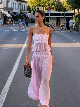 Lace Trim Two-Piece Chiffon Jumpsuit Set