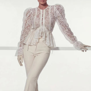 Sheer Floral Lace Puff Sleeve Peplum Blouse