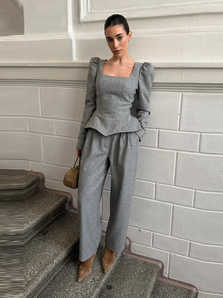 Square Neck Peplum Top and Wide Leg Trouser Set