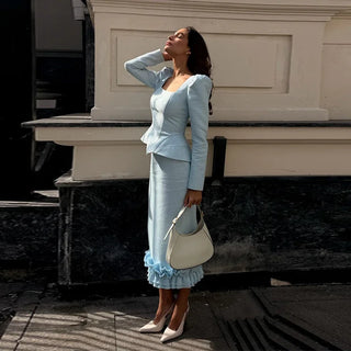 Square Neck Peplum Top and Wide Leg Trouser Set