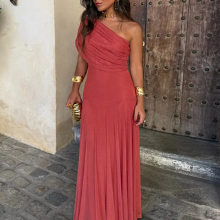 Elegant One-Shoulder Ruched Maxi Dress