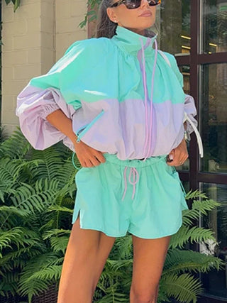 Pastel Colorblock Zip-Up Windbreaker and Shorts Set