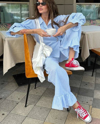 Elegant Plaid Shirt and Wide Pants Set