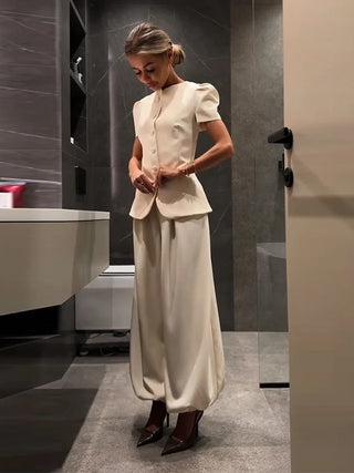 Puff Sleeve Peplum Top and Gathered Trouser Set