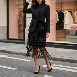 Asymmetric Blazer and Burnout Floral Fringe Skirt Set
