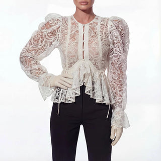 Sheer Floral Lace Puff Sleeve Peplum Blouse
