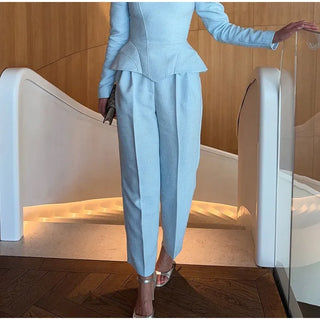 Square Neck Peplum Top and Wide Leg Trouser Set