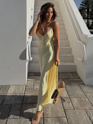 Elegant Satin V-Neck Backless Maxi Dress