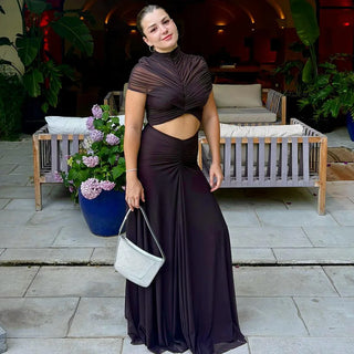 Ruched Cutout Mesh Maxi Dress
