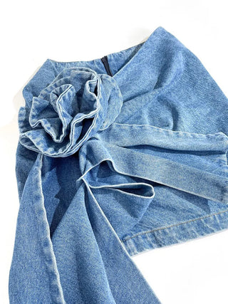 High Waist Three-dimensional Rose Flower Asymmetric Blue Denim Short Skirts