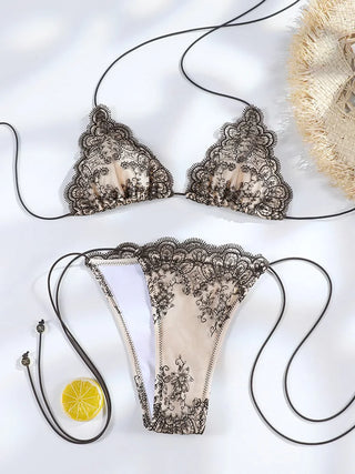 Contrast Lace Triangle String Bikini Set