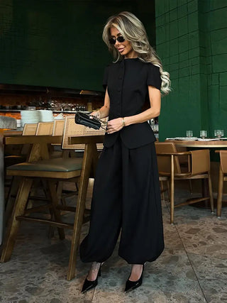 Puff Sleeve Peplum Top and Gathered Trouser Set