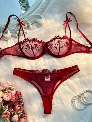 Delicate Floral Embroidered Mesh Balconette Lingerie Set