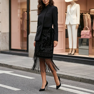 Asymmetric Blazer and Burnout Floral Fringe Skirt Set