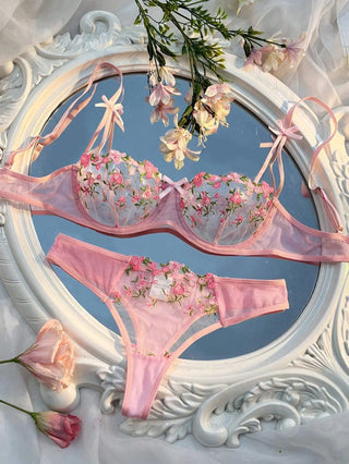 Delicate Floral Embroidered Mesh Balconette Lingerie Set