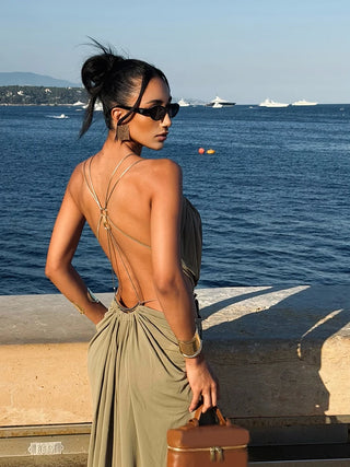 Sage Green Cutout Backless Maxi Dress
