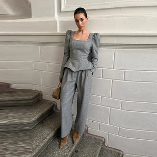 Square Neck Peplum Top and Wide Leg Trouser Set