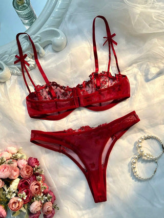 Delicate Floral Embroidered Mesh Balconette Lingerie Set