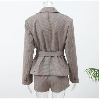 Houndstooth Belted Blazer and Tailored Shorts Set