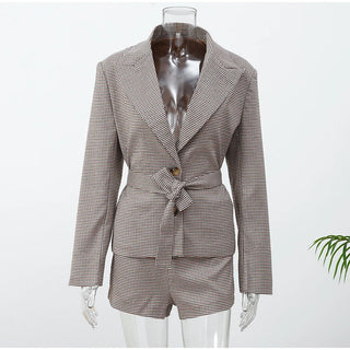 Houndstooth Belted Blazer and Tailored Shorts Set