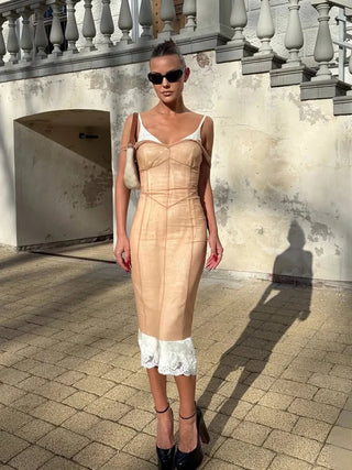 Elegant Contrast Trim Sheer Overlay Midi Dress