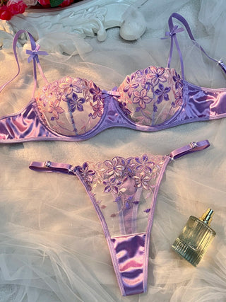 Floral Embroidered Mesh and Satin Lingerie Set