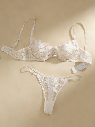 Embroidered Floral Mesh and Satin Intimate Set