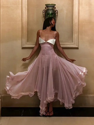 Elegant Contrast Trim Sheer Overlay Midi Dress