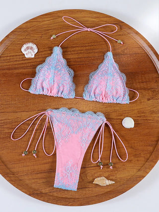 Contrast Lace Triangle String Bikini Set