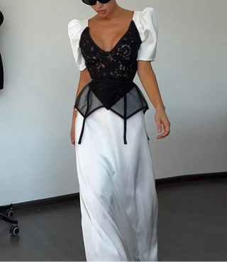 Elegant Puff Sleeve Black Lace Corset Maxi Dress
