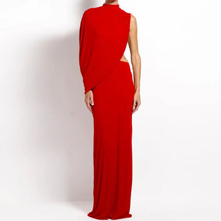 Elegant Red Asymmetrical Cape Maxi Dress
