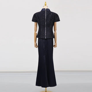 Textured Tweed Peplum Top and Satin Maxi Skirt Set