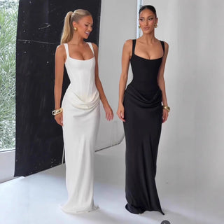 Elegant Square Neck Lace-Up Corset Maxi Dress