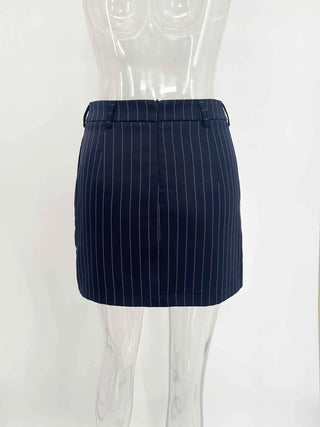 Black Pinstripe Tailored Blazer Top and Mini Skirt Set
