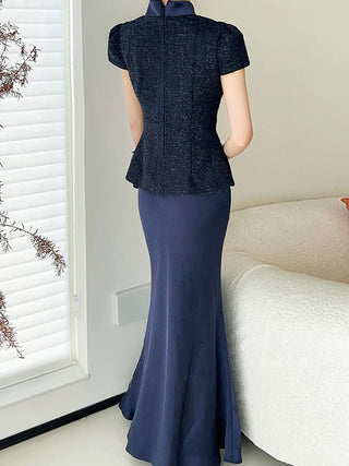 Textured Tweed Peplum Top and Satin Maxi Skirt Set