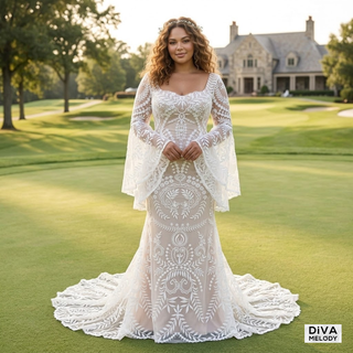 Vestido de novia de moda con mangas acampanadas