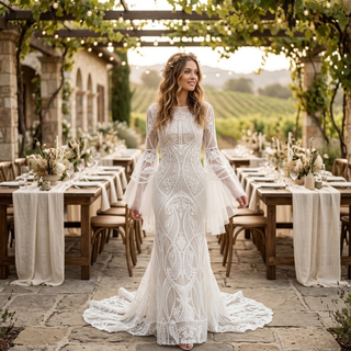 Boho Bell Sleeve Geometric Lace Mermaid Wedding Dress