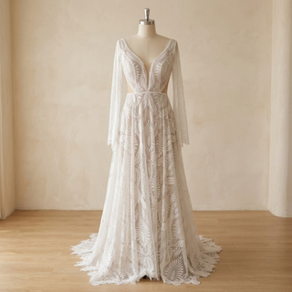 Boho Lace Scalloped Hem A-Line Bridal Gown