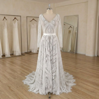 Boho Lace V-Neck  Long Sleeves Bridal Gown