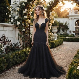 Black V-Neck Mermaid Floral Wedding Dress