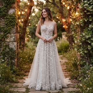 Flowers Plunging V-Neck Boho Wedding Dress