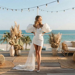 Puff Sleeves & Detachable Bow Sash Bridal Gown