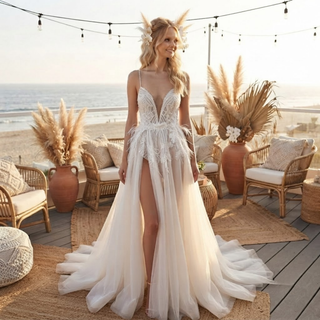 Lace Spaghetti Strap High Slit Bridal Gown