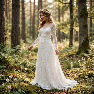 Boho Illusion Long Sleeve Lace Wedding Dress