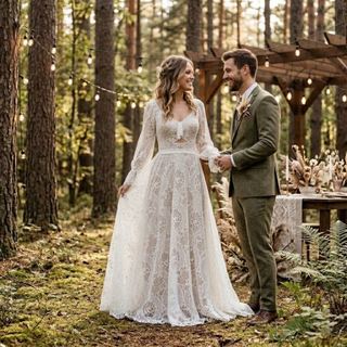 Boho Long Sleeve Lace A-Line Wedding Dress