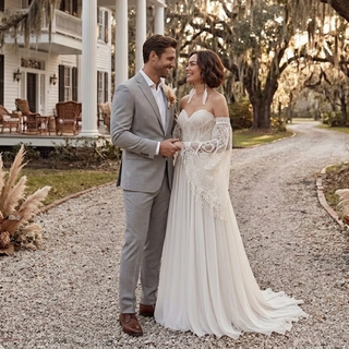 Boho Off Shoulder Fringe Lace Wedding Dress