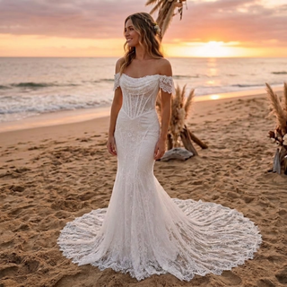 Off Shoulder Lace Mermaid Corset Wedding Dress
